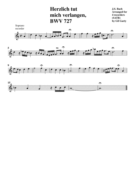 Herzlich tut mich verlangen, BWV 727 (arrangement for 4 recorders)