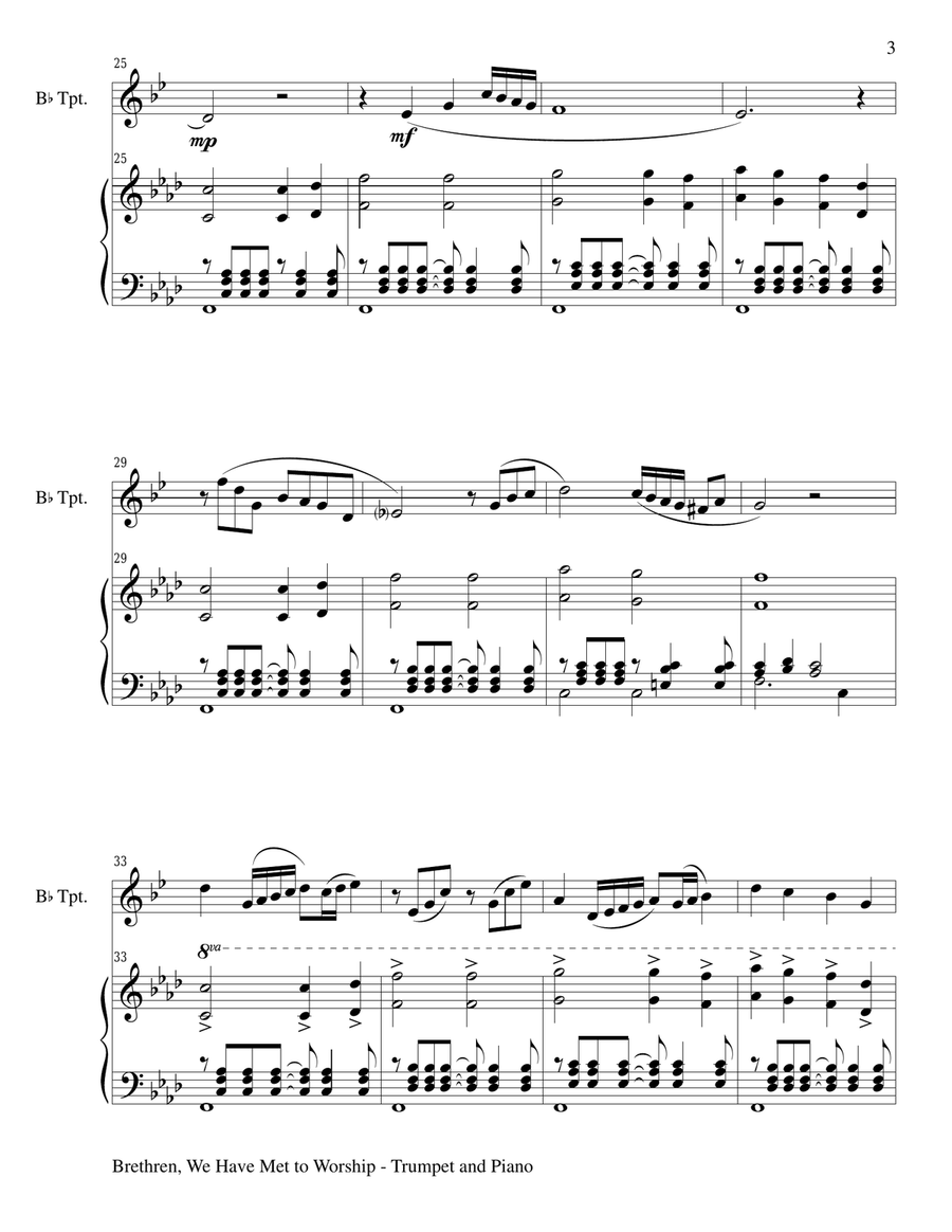 BRETHREN, WE HAVE MET TO WORSHIP (Duet – Bb Trumpet and Piano/Score and Parts) Trumpet Duet scores gallery preview page 3