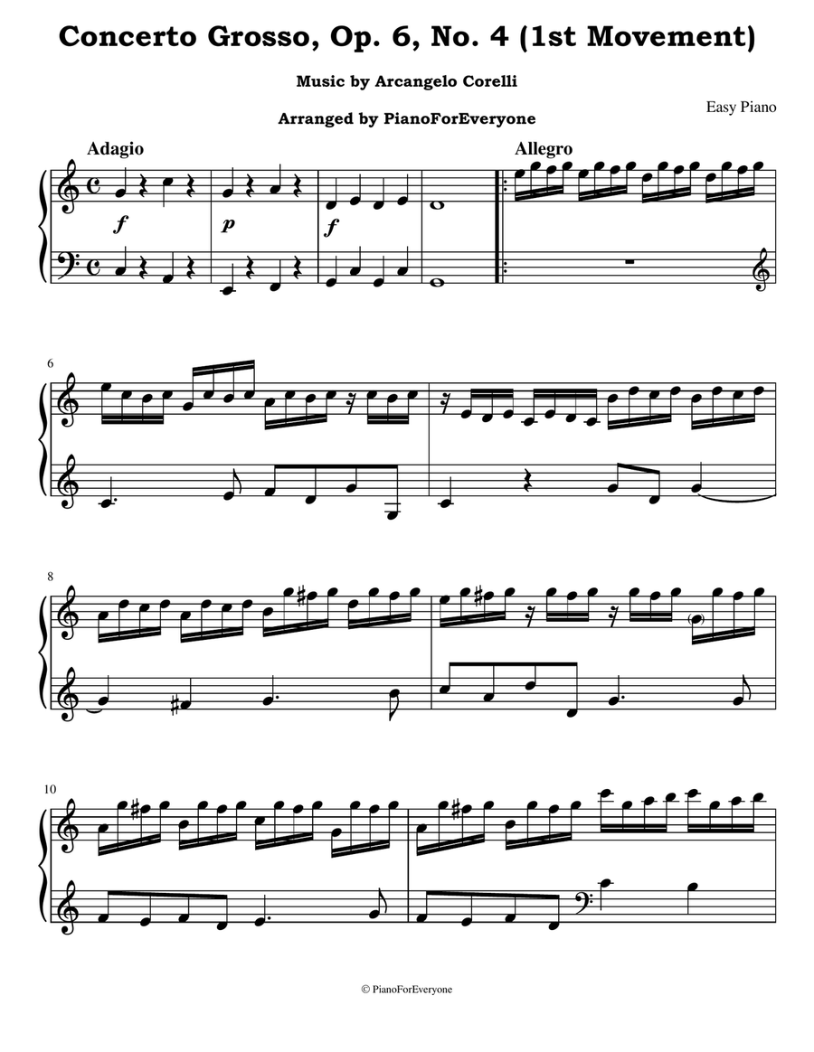 Book cover for Concerto Grosso, Op. 6, No. 4 (1st Movement) - Corelli (Easy Piano)