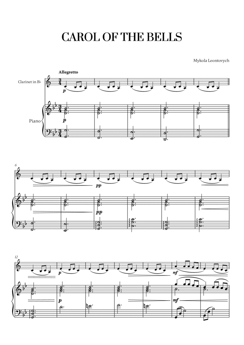 Carol of the Bells (Very Easy/Beginner) (for Clarinet and Piano) image number null