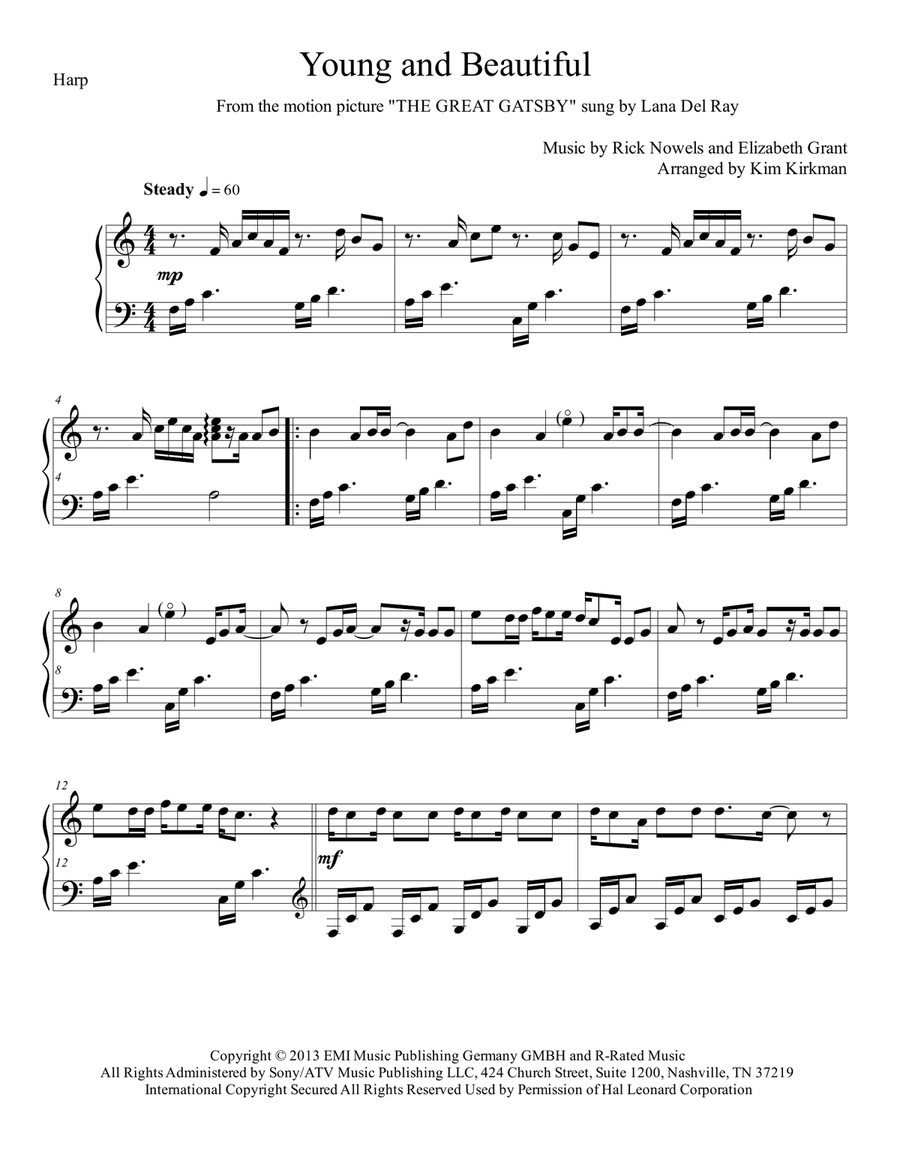 Young And Beautiful Harp scores gallery preview page 1