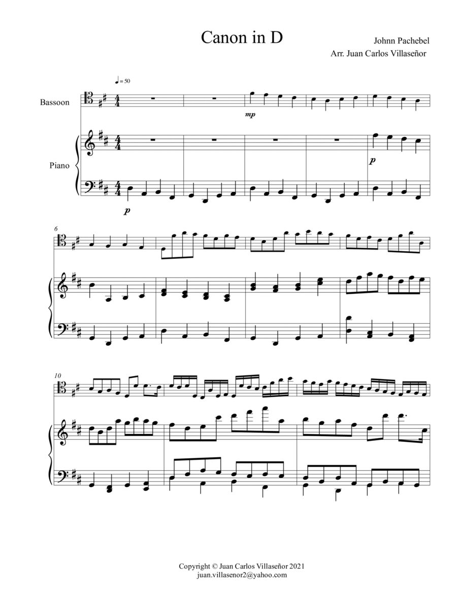 Canon in D - piano part - (Arr. Bassoon and Piano) Small Ensemble scores gallery preview page 1