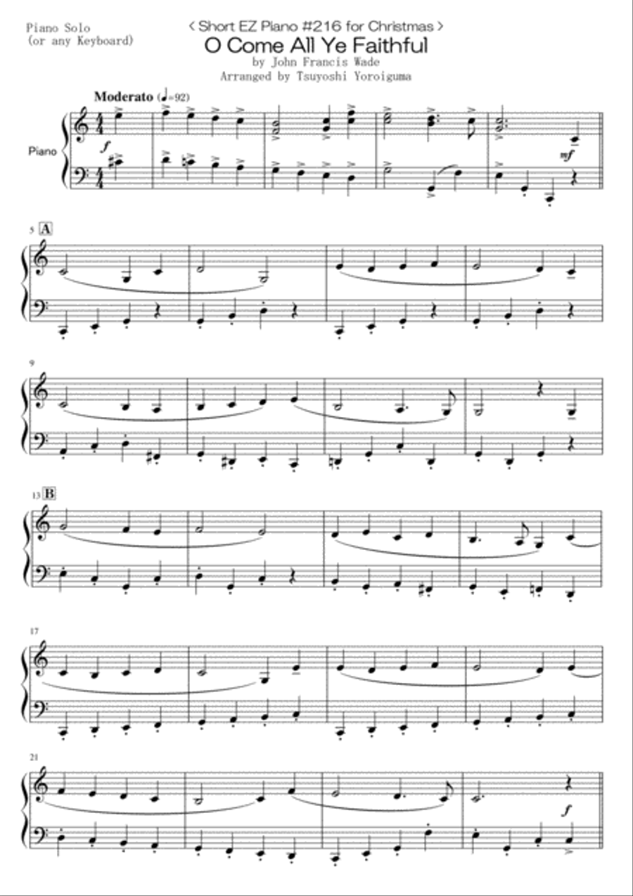 < Short EZ Piano #216 for Christmas > O Come All Ye Faithful Piano Method scores gallery preview page 1