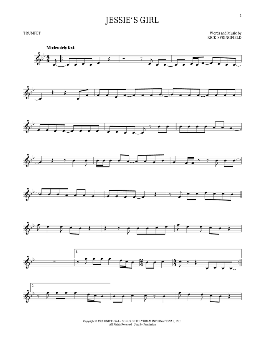 Jessie's Girl Trumpet Solo scores gallery preview page 1