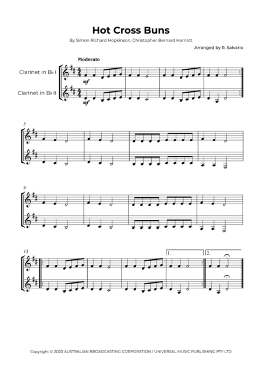 Hot Cross Buns (easy b-flat clarinet duet) Clarinet Duet scores gallery preview page 2
