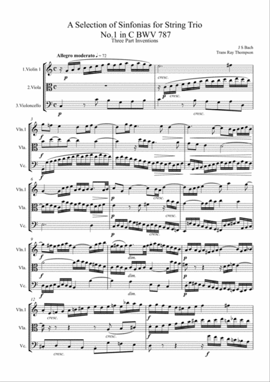 Bach: A Selection of Sinfonias (Three part Inventions Nos.1,2,4,6,8,9 & 11.) -String Trio String Trio scores gallery preview page 1