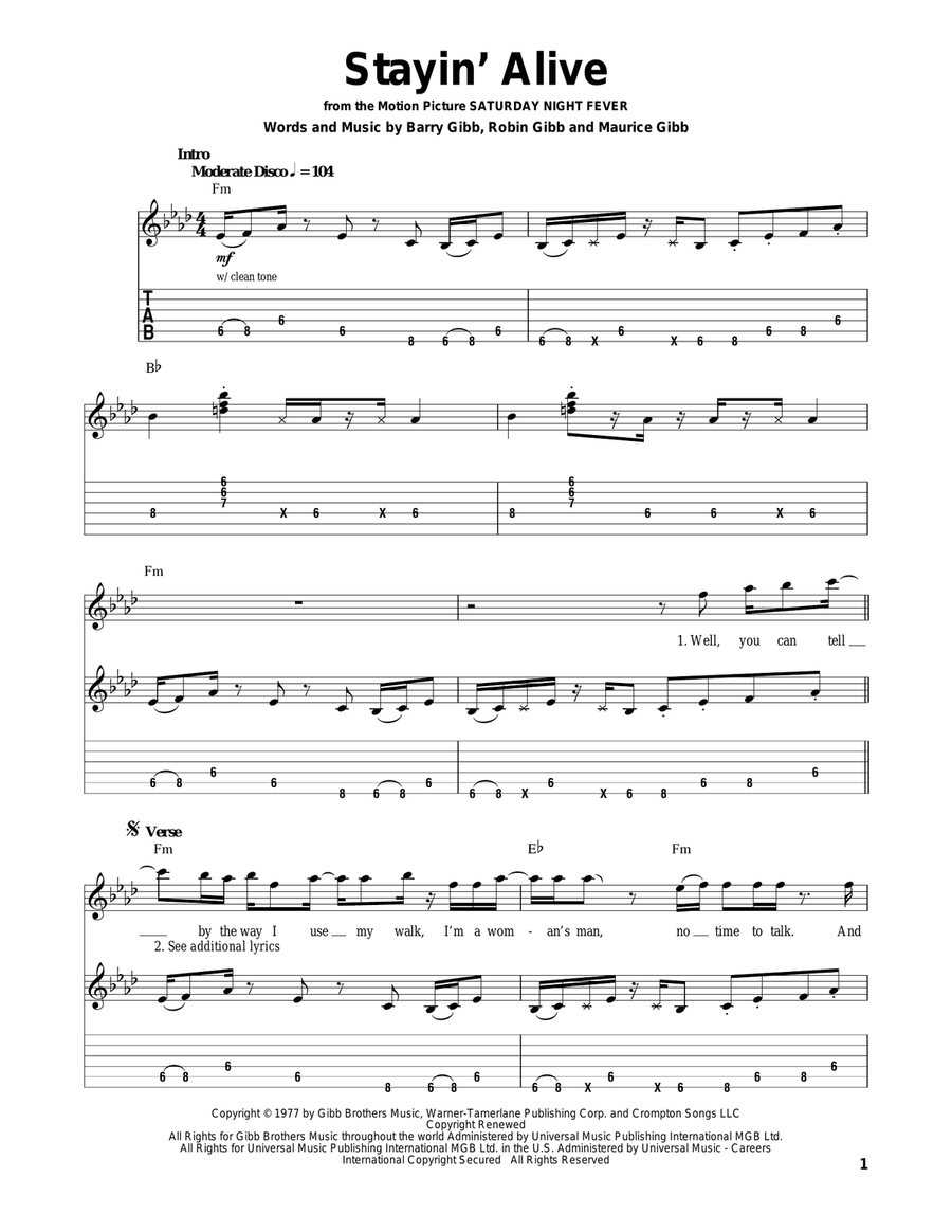 Stayin' Alive Acoustic Guitar scores gallery preview page 1