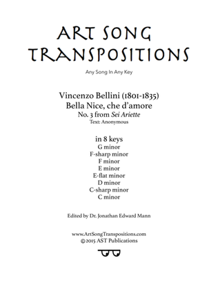 Book cover for BELLINI: Bella Nice, che d'amore (in 8 keys: G, F-sharp, F, E, E-flat, D, C-sharp, C minor)