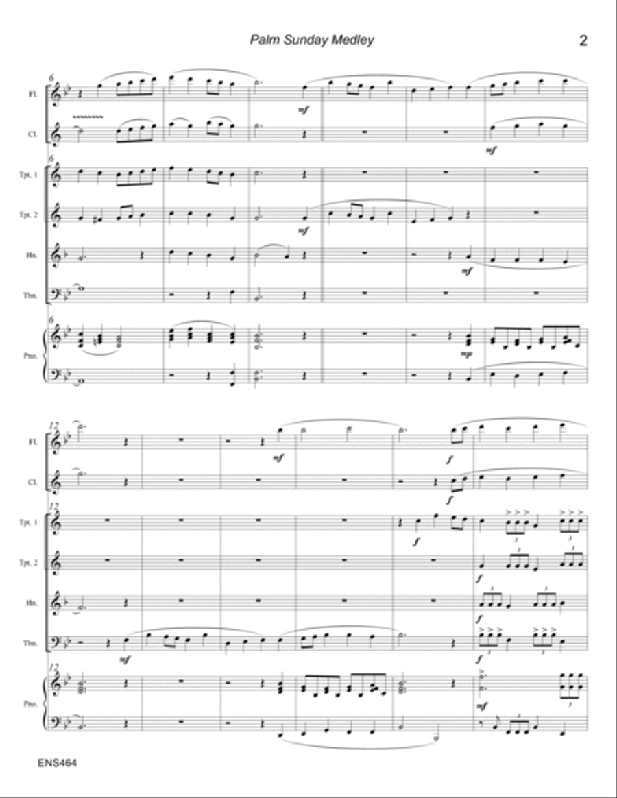 PALM SUNDAY MEDLEY - MIXED ENSEMBLE with PIANO (Flute, Clarinet, 2 Trumpets, Horn, Trombone) Large Ensemble scores gallery preview page 2