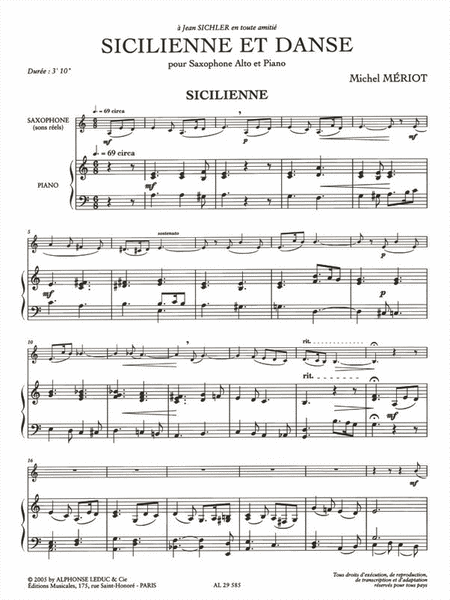 Sicilienne Et Danse (cycle 2) Pour Saxophone Alto Et Piano