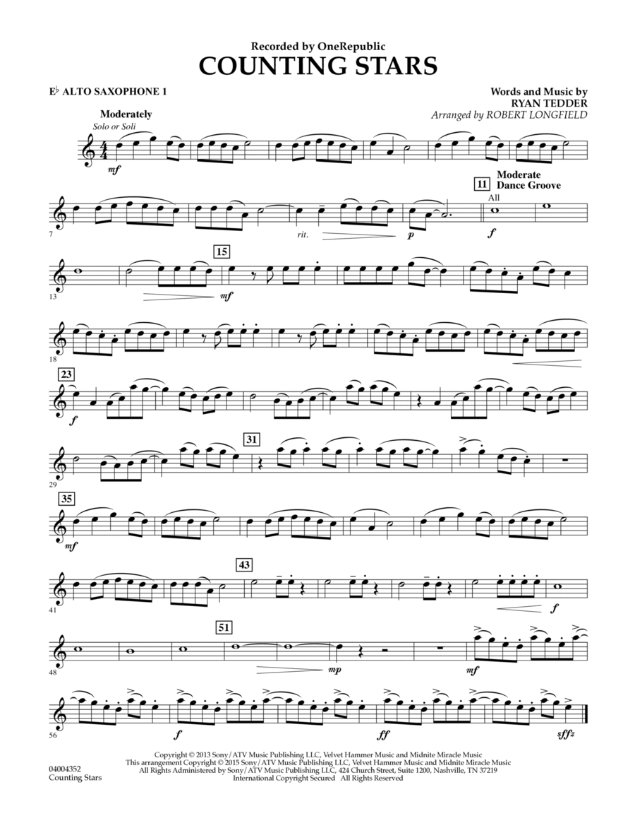 Counting Stars - Eb Alto Saxophone 1 Alto Saxophone scores gallery preview page 1