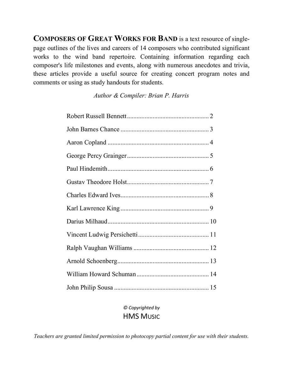 COMPOSERS OF GREAT WORKS FOR BAND - booklet with life timelines, anecdotes, & trivia Concert Band scores gallery preview page 3