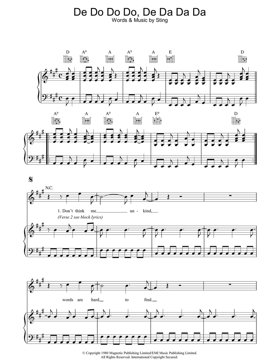 De Do Do Do, De Da Da Da Piano, Vocal, Guitar scores gallery preview page 1