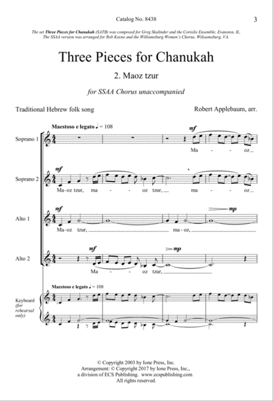 Three Pieces for Chanukah: 2. Maoz tzur SSAA scores gallery preview page 3