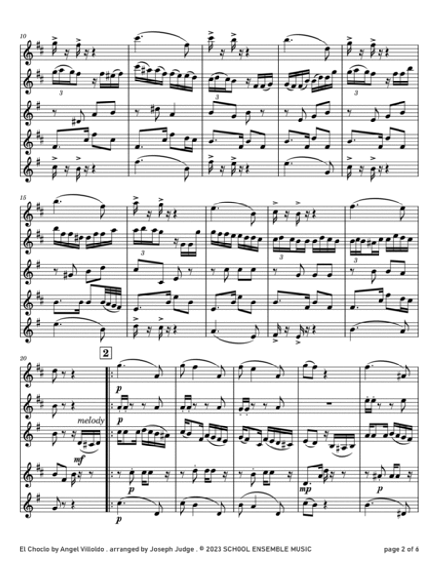 El Choclo by Villoldo for Saxophone Quartet in Schools Saxophone Quartet scores gallery preview page 2