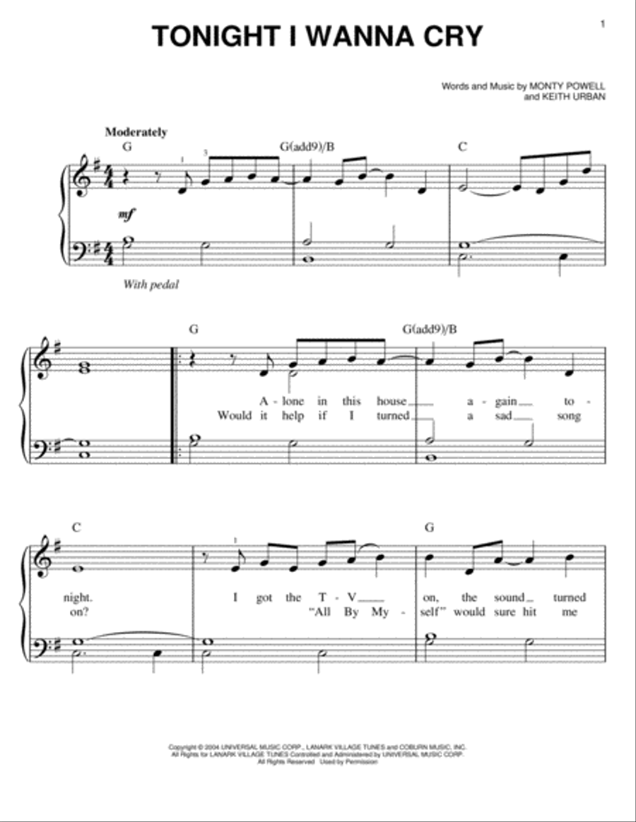 Tonight I Wanna Cry Tonight I Wanna Cry Easy Piano scores gallery preview page 1