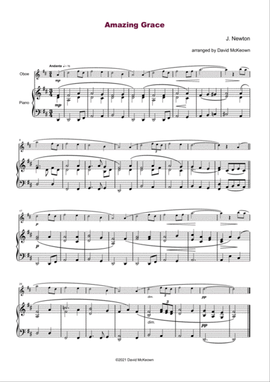 Amazing Grace, Gospel Hymn for Oboe and Piano Piano scores gallery preview page 2