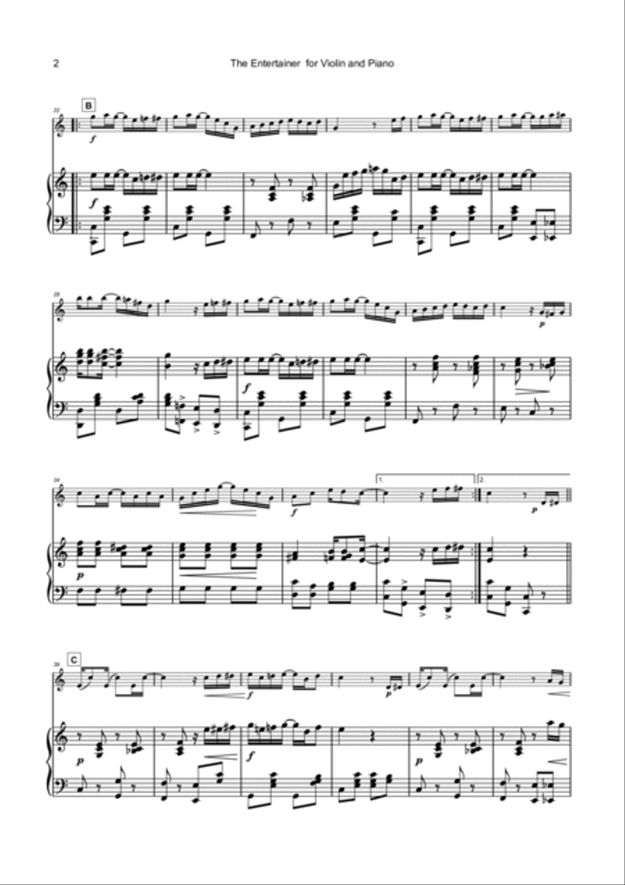 The Entertainer by Scott Joplin, for Violin and Piano