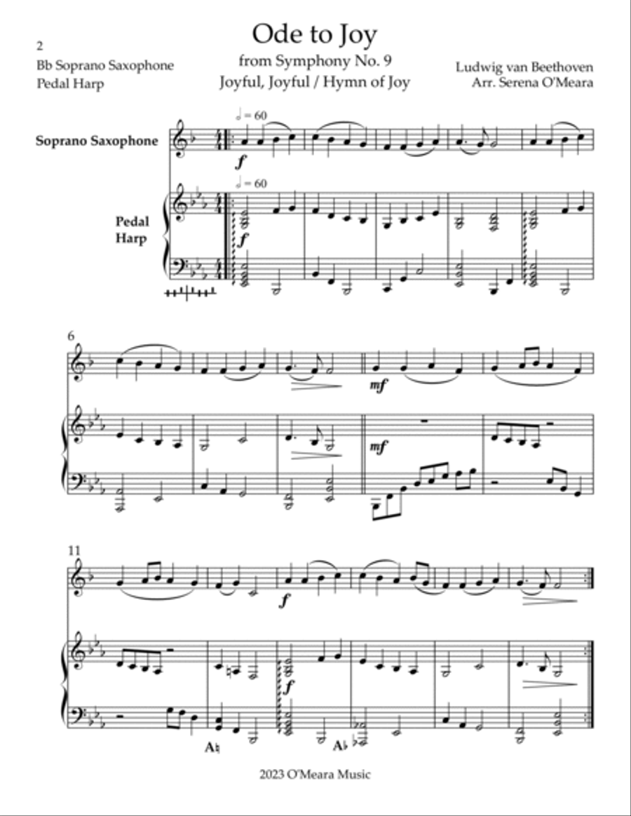 Ode to Joy, Duet for Bb Soprano Saxophone & Pedal Harp Soprano Saxophone scores gallery preview page 2