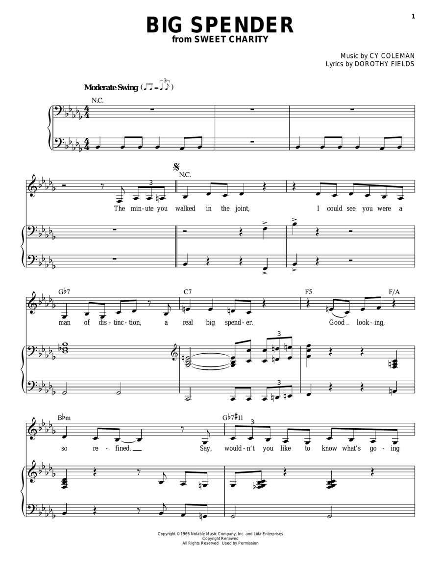 Big Spender Piano, Vocal scores gallery preview page 1