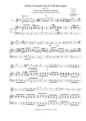 Book cover for Vivaldi - Violin Concerto No.9 in B flat major RV 373 Op.7 for Violin and Cembalo (or Piano)