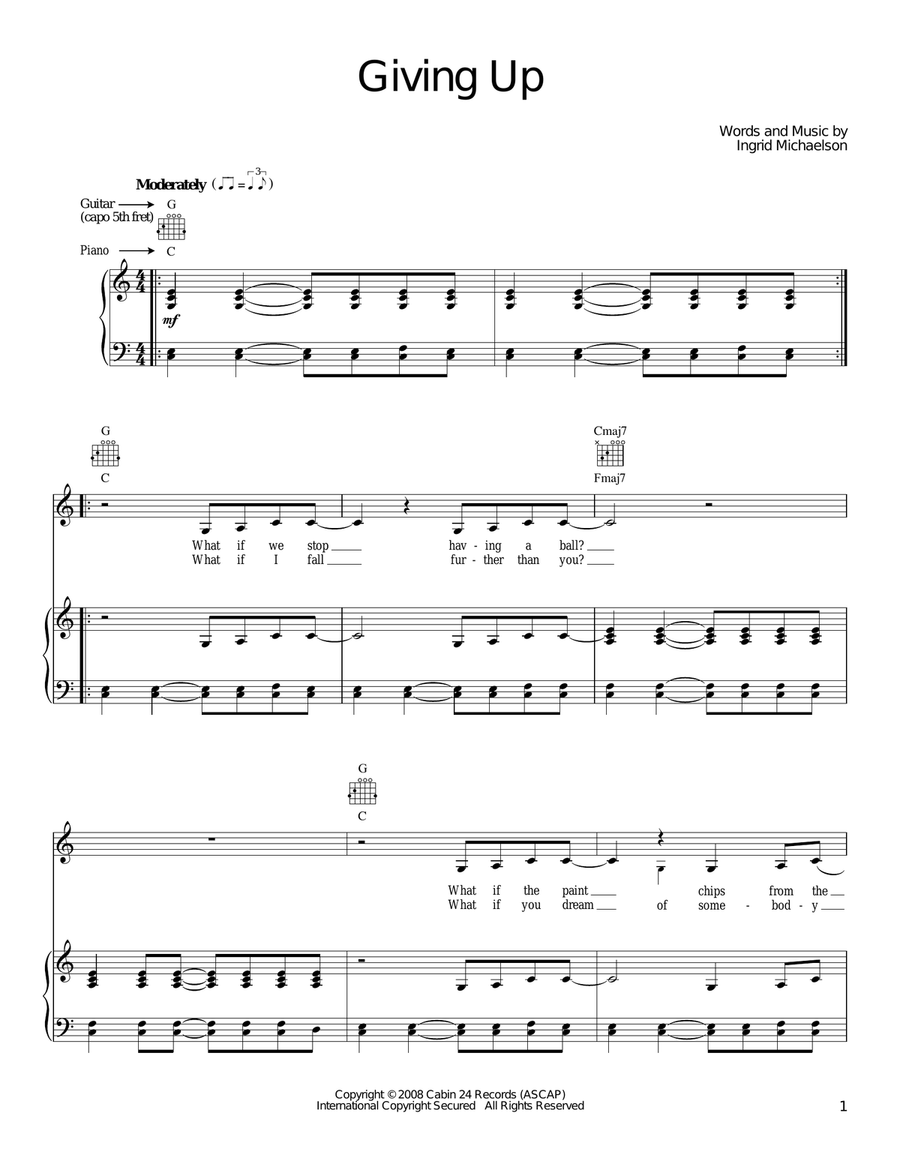 Giving Up Piano, Vocal, Guitar scores gallery preview page 1