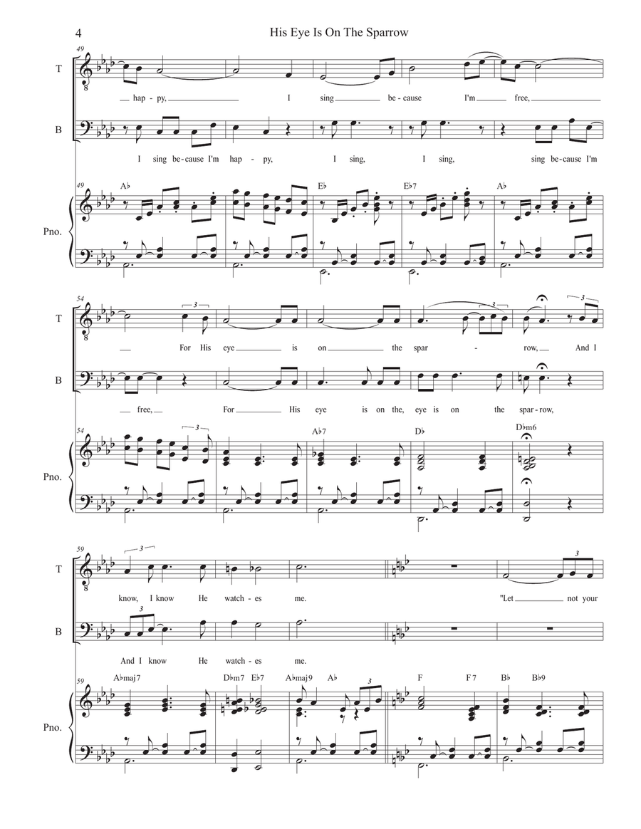 His Eye Is On The Sparrow (Duet for Tenor and Bass solo) (Easy Vocal Duet Version) Bass Voice scores gallery preview page 4