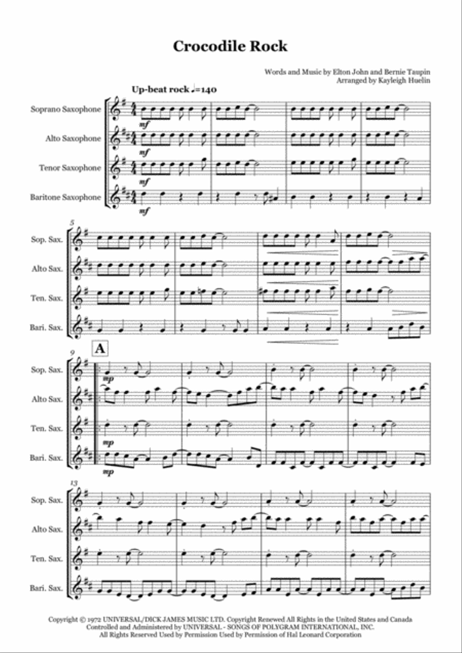 Crocodile Rock Saxophone Quartet scores gallery preview page 1