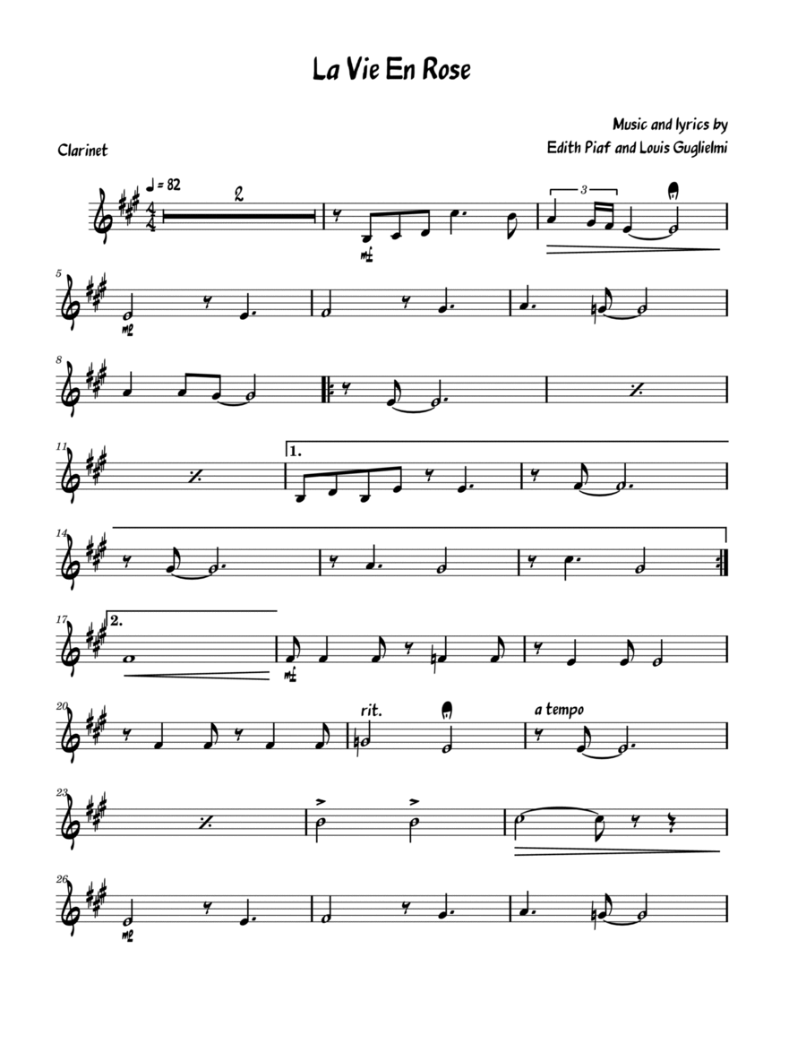 La Vie En Rose B-Flat Clarinet scores gallery preview page 1
