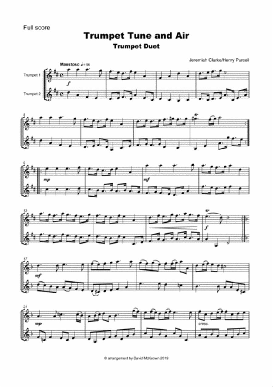Trumpet Tune and Air, by Purcell; Trumpet Duet Trumpet Duet scores gallery preview page 2