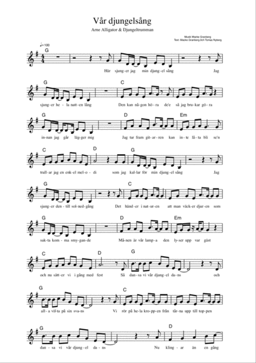 Vår djungelsång - Arne Alligator & Djungeltrumman Voice scores gallery preview page 1