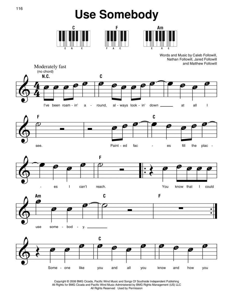 Use Somebody Easy Piano scores gallery preview page 1