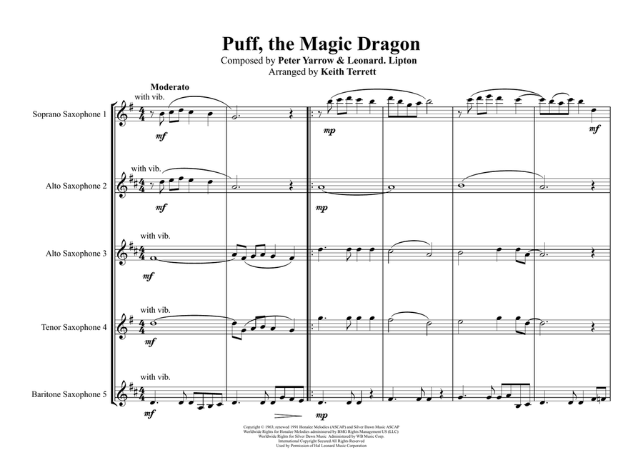 Puff The Magic Dragon Saxophone Quintet scores gallery preview page 2