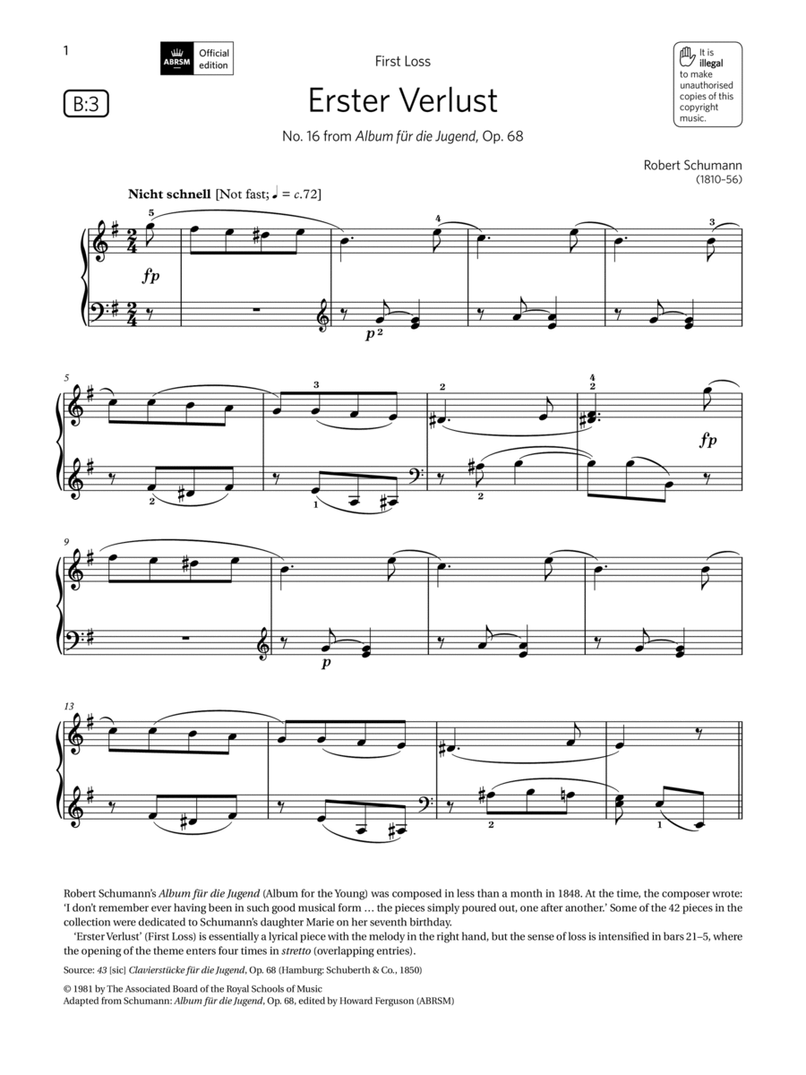 Erster Verlust (Grade 4, list B3, from the ABRSM Piano Syllabus 2021 & 2022) Piano Method scores gallery preview page 1