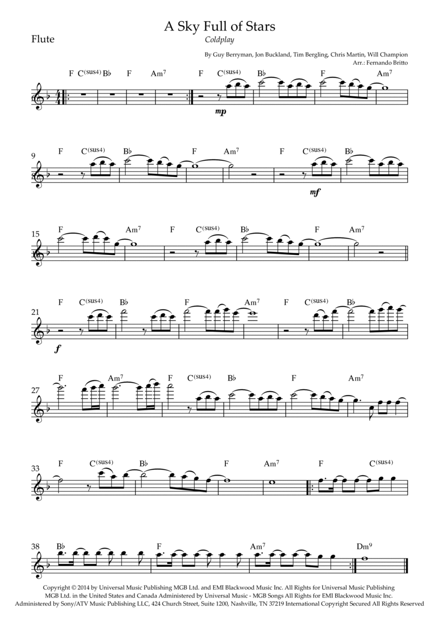 A Sky Full Of Stars Flute Solo scores gallery preview page 1