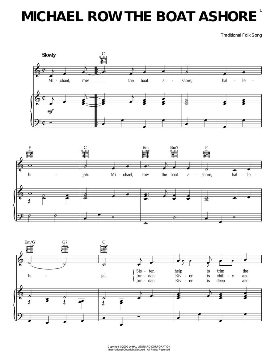 Michael Row The Boat Ashore Piano, Vocal, Guitar scores gallery preview page 1