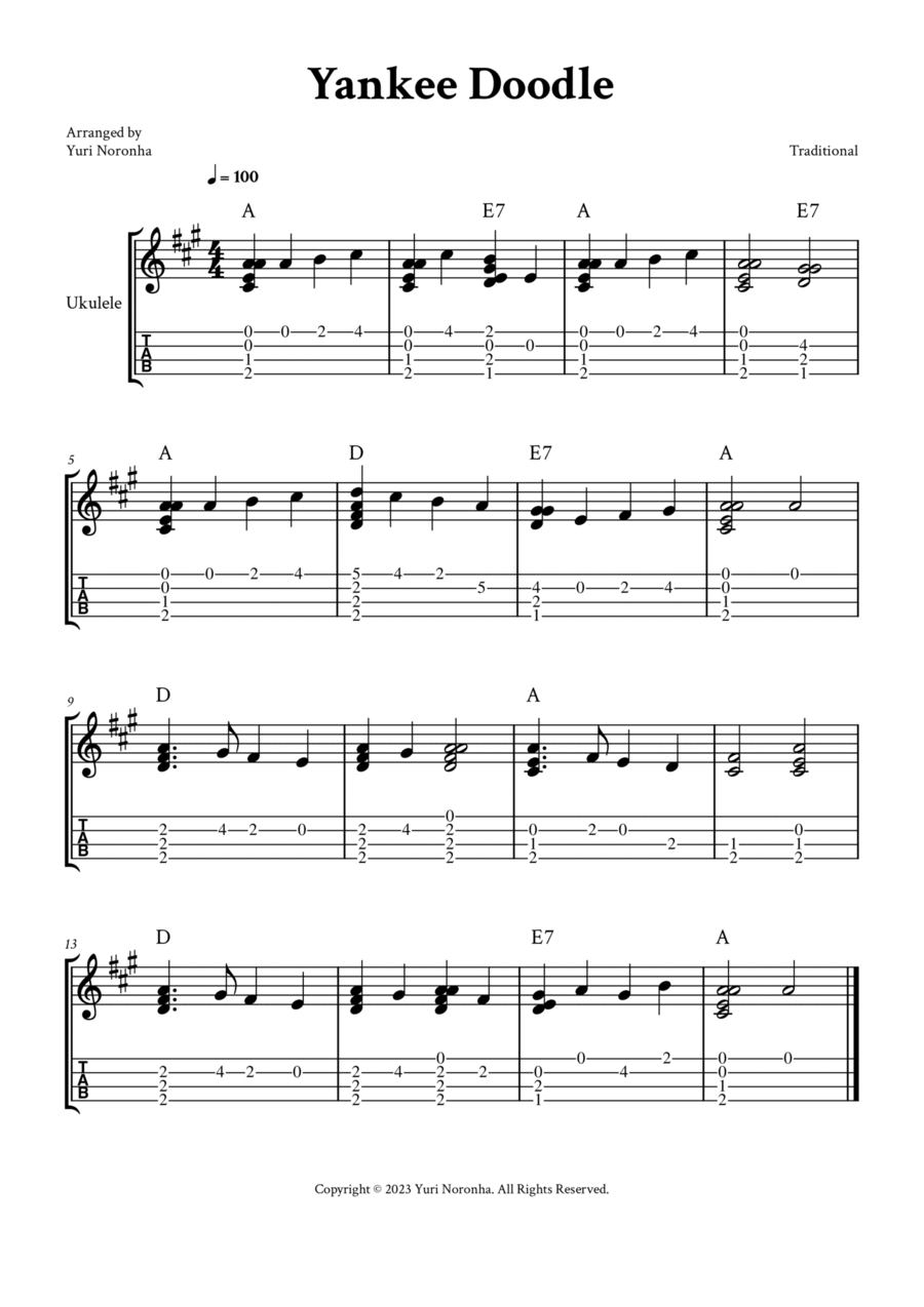 Yankee Doodle - Fingerstyle Ukulele (with TAB and Chords) Ukulele scores gallery preview page 1
