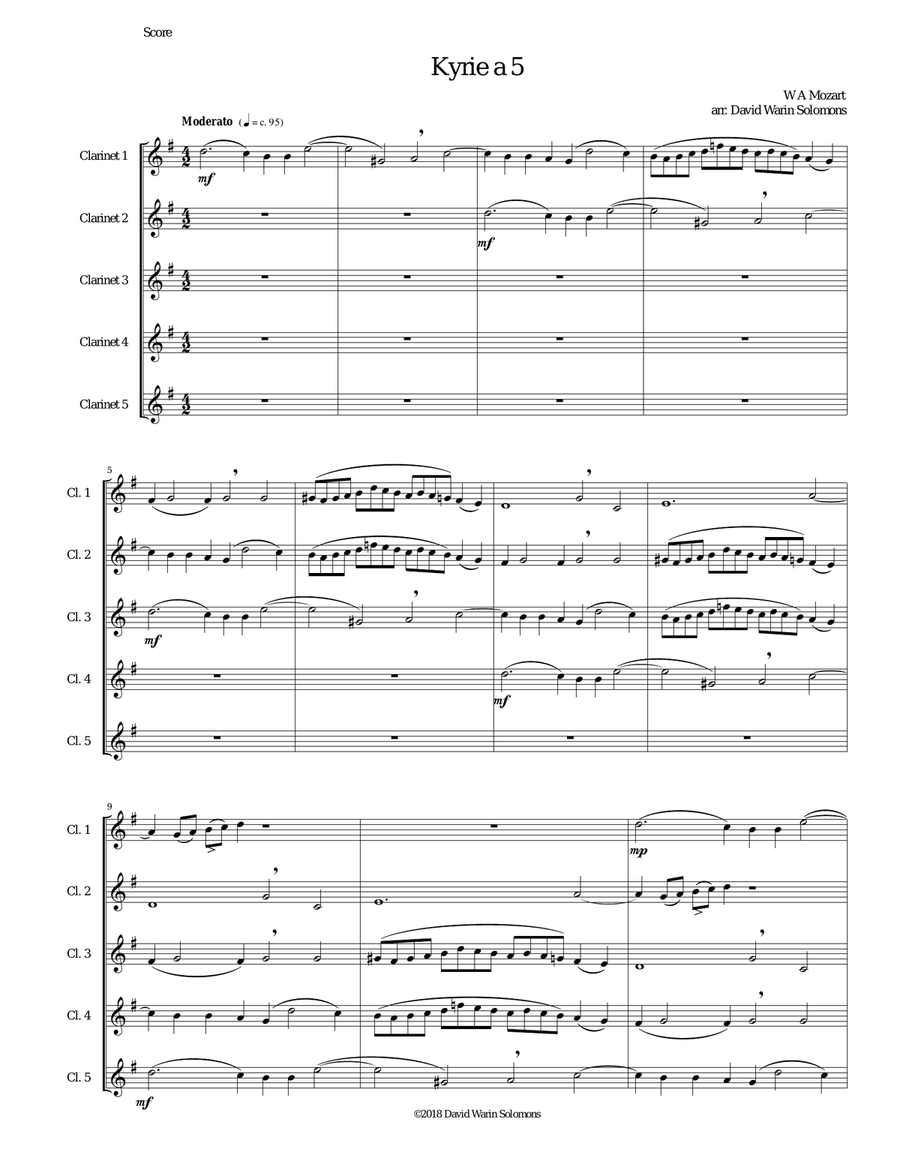 Mozart Kyrie canon a 5 arranged for 5 clarinets Clarinet Quintet scores gallery preview page 1