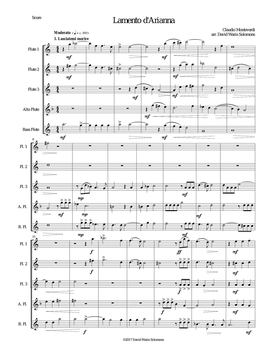 Lamento d'Arianna for flute quintet Flute Solo scores gallery preview page 1