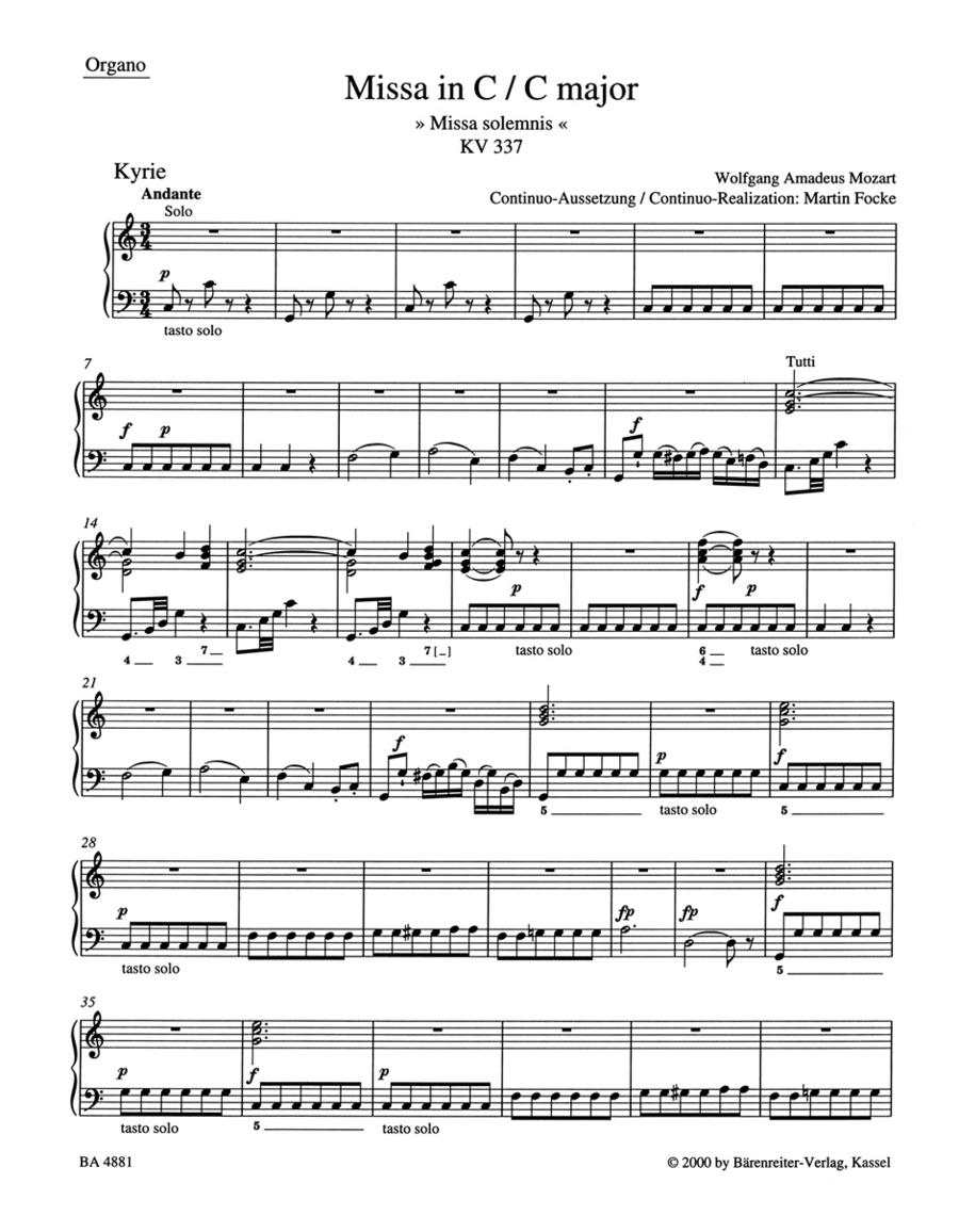 Missa C major, KV 337 'Missa solemnis' by Wolfgang Amadeus Mozart Organ - Sheet Music