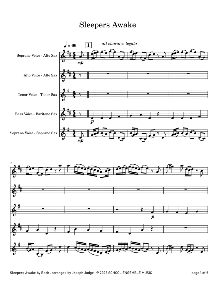 Sleepers Awake by Bach for Saxophone Quartet in Schools Saxophone Quartet scores gallery preview page 1