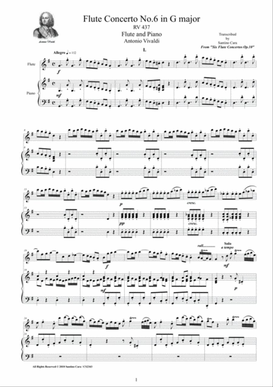 Vivaldi - Flute Concerto No.6 in G major Op.10 RV 437 for Flute and Piano Flute Solo scores gallery preview page 1