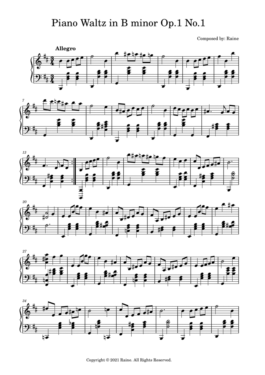 Raine - Waltz in B minor Op.1, No.1 Easy Piano scores gallery preview page 1