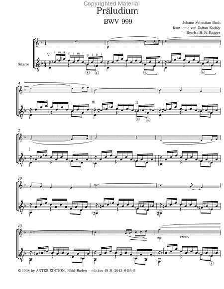 Praludium BWV 999 fur Flote (Violine, Mandoline) oder Violoncello und Gitarre