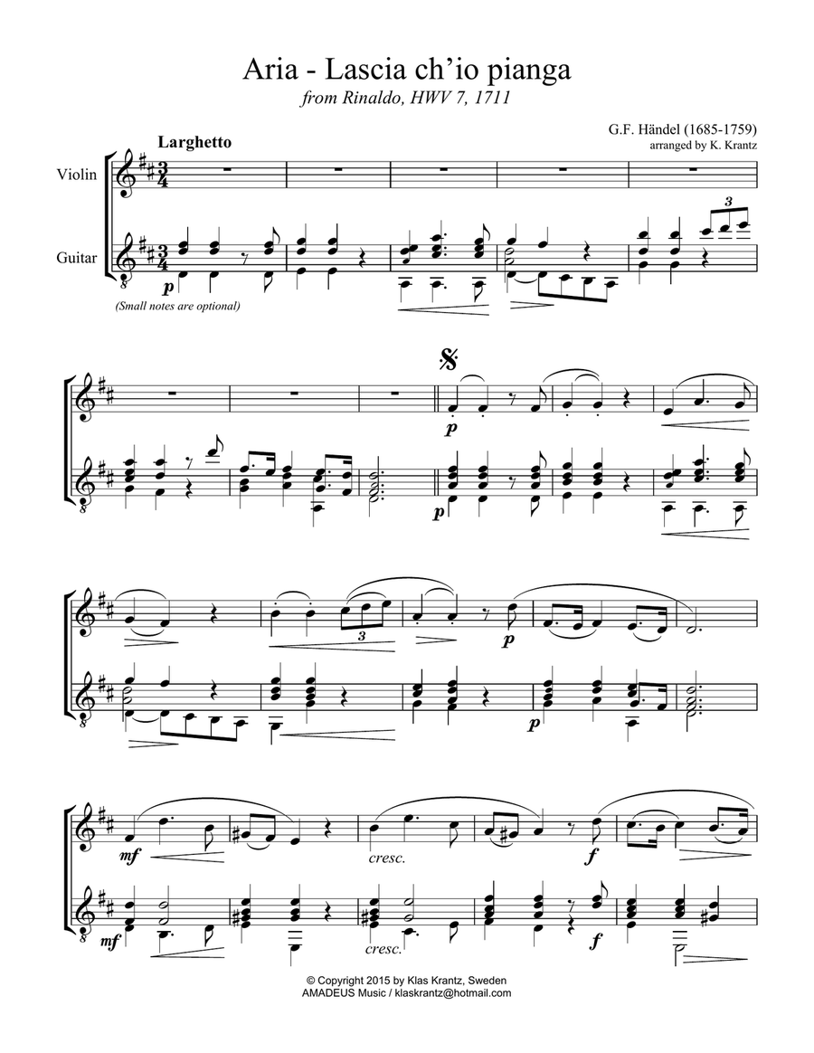 Aria - Lascia ch'io pianga for violin and guitar String Duet scores gallery preview page 1
