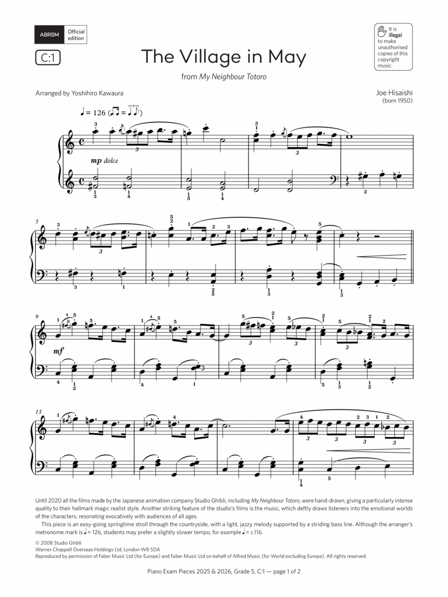 The Village in May (Grade 5, list C1, from the ABRSM Piano Syllabus 2025 & 2026) Piano Method scores gallery preview page 1