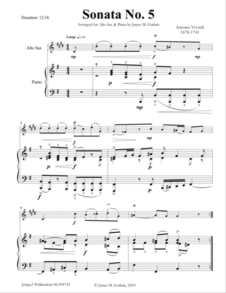 Vivaldi: Sonata No. 5 for Alto Sax & Piano Alto Saxophone scores gallery preview page 1