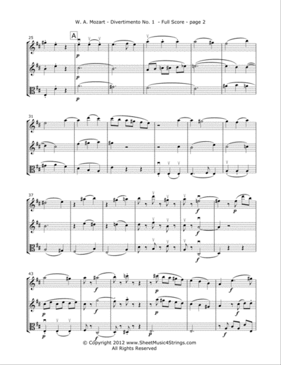 Mozart, W. - Divertimento No. 5 (Mvt. 1) for Two Violins and Viola String Trio scores gallery preview page 2