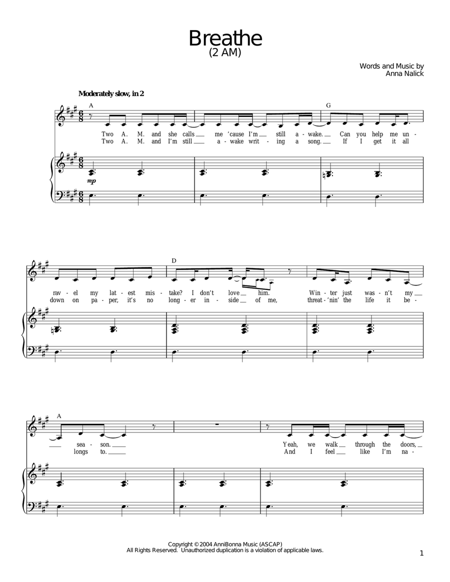 Breathe (2 AM) Piano, Vocal, Guitar scores gallery preview page 1