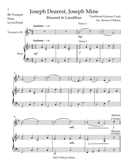 Joseph Dearest, Joseph Mine, Duet for Bb Trumpet & Harp by Traditional German Carol Trumpet Duet - Digital Sheet Music